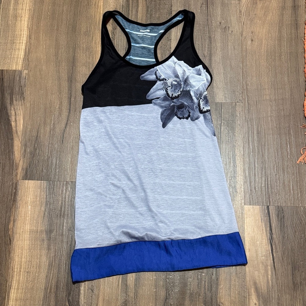 Black and Gray Tank Top with Floral Design
